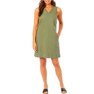 Briggs Ladies Women Ruffle V-Neck Linen Blend Dress, Green ( Olive )
